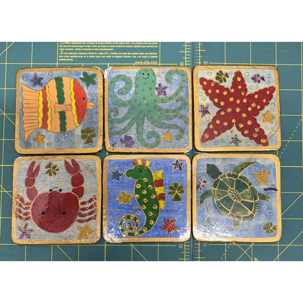 Foreside “Painted” Sea Animals Drink Coasters - Set‎ Of 6 - Made In India